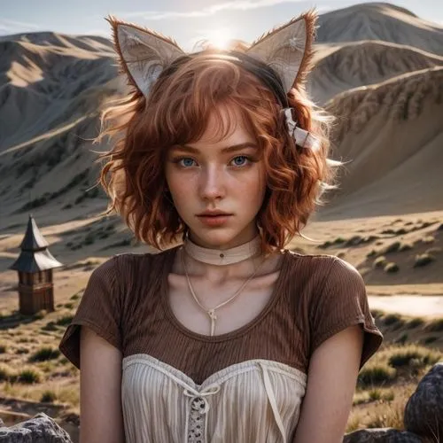 desert fox,sand fox,cat ears,child fox,fox,kat,fae,cute fox,little fox,a fox,desert flower,ginger cat,lynx,feline look,faun,fawn,fantasy portrait,feral,cub,feline