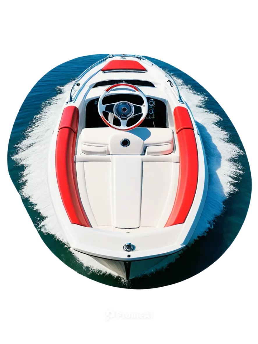 Speedboat, white motorboat, shiny surface, metallic material, red seats, steering wheel, dashboard, propeller, wake behind, splashing water, sunny day, clear blue sky, 3/4 composition, low-angle shot,