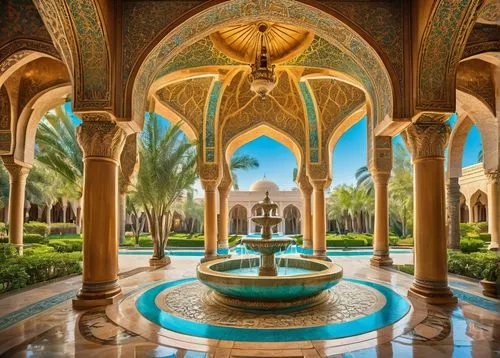 Ancient Persian palace, intricate arches, ornate columns, turquoise dome, golden accents, detailed tile work, Islamic geometric patterns, grand entrance, symmetrical composition, warm lighting, aftern