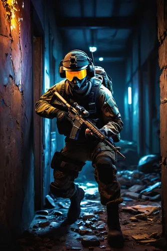 1player, tactical gear, first-person perspective, holding a rifle, cheating device on screen, holographic sight, night vision, urban environment, abandoned building, dynamic shadows, intense facial ex