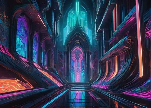 futuristic landscape,passage,cathedral,3d fantasy,descent,portal,vapor,neon arrows,aura,hall of the fallen,3d background,dimension,haunted cathedral,4k wallpaper,temple fade,synthesis,dimensional,digital,light space,ruin,Illustration,Realistic Fantasy,Realistic Fantasy 42