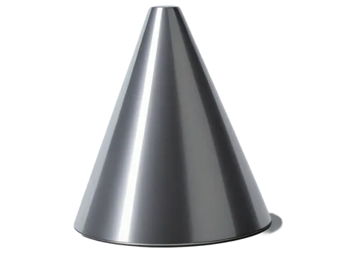 Triangular cone, white surface, smooth texture, rounded tip, circular base, metallic material, shiny reflection, softbox lighting, 3/4 composition, close-up shot, detailed rendering, realistic style, 