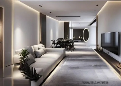 A modern living room without any plants , a coffe table in between the sofa and the television , on the coffee table put two glasses of cocktail , a white glossy marble floor with carpet and rug at th