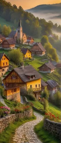 Gromnica, Eastern European village, rustic, wooden houses, traditional architecture, steeply pitched roofs, vibrant flower-filled gardens, winding cobblestone streets, old-fashioned street lamps, mist