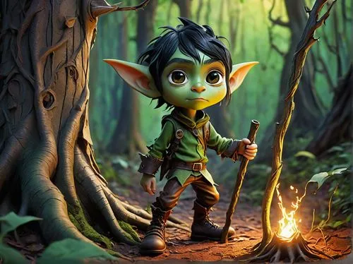 Chibi Goblin, green skin, pointy ears, small size, (10yo), messy black hair, big round eyes, freckles on nose, worn out leather boots, torn brown pants, holding a wooden staff, standing, adventurous p