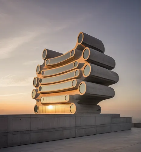 futuristic architecture,steel sculpture,the pillar of light,futuristic art museum,monument protection,stack of letters,tubular anemone,multi storey car park,wind machines,autostadt wolfsburg,sky space