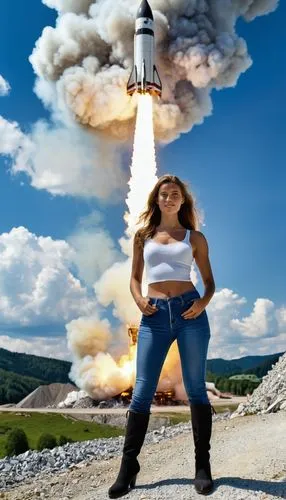 a woman is posing with a rocket behind her,giantess,woman fire fighter,spacex,spouting,volcanologist,point lighthouse torch,Photography,General,Realistic