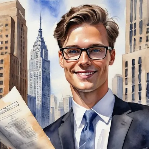 Young male architect, bachelor's degree, blue eyes, black-framed glasses, short brown hair, casual smile, white shirt, black tie, dark grey suit, holding a blueprint, standing in front of a skyscraper