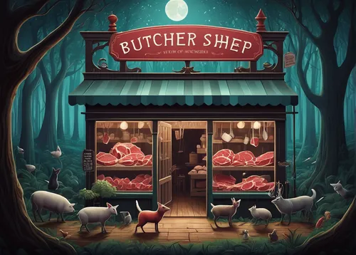 Describe a whimsical butcher shop nestled in a magical forest, filled with talking animals seeking unusual cuts of meat.,butcher shop,butcher,butcher ax,butchery,sheep shearer,kitchen shop,barber shop