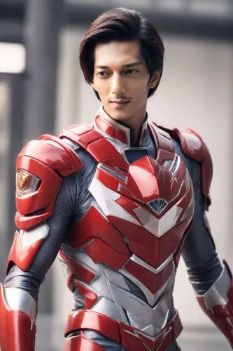 power rangers merah, background taman kota, rambut panjang di ikat, , lagi memegang helmet, sangat tampan,an action figure dressed in armor with red and silver accents,ultraman,ryuki,morphogenetic,dek