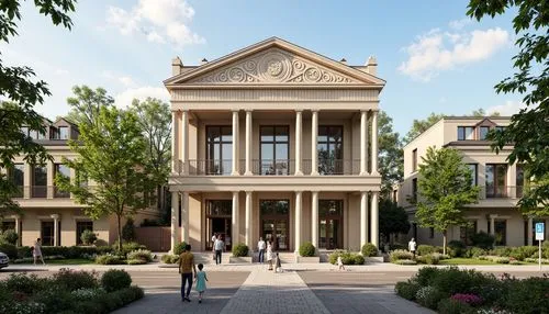 Elegant neoclassical fa\u00e7ade, ornate columns, symmetrical composition, grand entrance, recycled stone materials, energy-efficient windows, solar panels, green roofs, rainwater harvesting systems, 