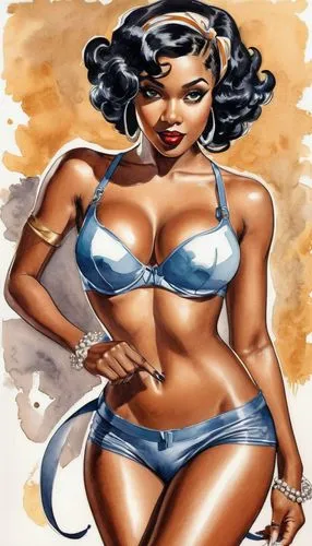 lilandra,chicana,watercolor pin up,shawnna,african american woman,latell,Illustration,Realistic Fantasy,Realistic Fantasy 21