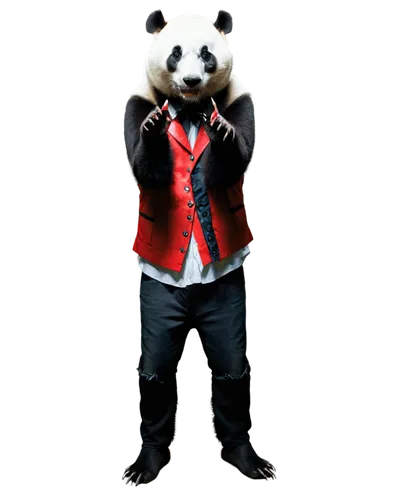 Giant panda, creepy atmosphere, solo, dark circles under eyes, messy black and white fur, torn ears, sharp claws, ripped red vest, tattered black pants, standing on two legs, menacing gaze, dim lighti