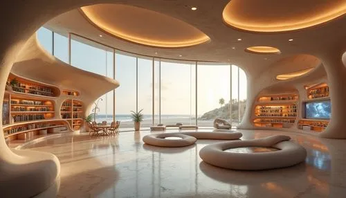 Futuristic coastal library, embracing sandy materials, modern architecture, curvaceous lines, glass walls, steel beams, wooden accents, minimalist decor, comfortable reading nooks, ergonomic chairs, f