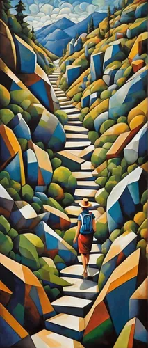 pathway,winding steps,alpine crossing,oil painting on canvas,hiking path,the descent to the lake,hiker,road of the impossible,uphill,hikers,mountain guide,trail,oil on canvas,david bates,gordon's steps,the path,footpath,backpacker,the way,crossroad,Art,Artistic Painting,Artistic Painting 45