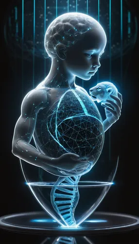 high-tech virtual hologram of a fetus displaying data from a combined DNA helix combining human and white lion,brain icon,brainy,genetic code,synapse,cybernetics,human brain,mind-body,sci fiction illu