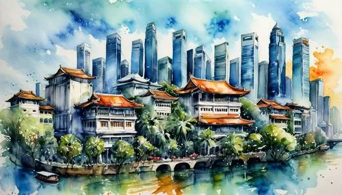 shanghai,nanjing,hanoi,chongqing,watercolor background,watercolor painting,watercolor,west lake,shanghai disney,suzhou,chinese architecture,xi'an,watercolor shops,watercolor blue,huangpu river,tianjin,chinese art,xiamen,china,asian architecture,Illustration,Paper based,Paper Based 04