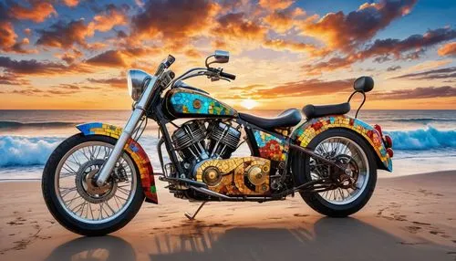 sunsrise  in the clouds,  mosaic colors, over the beach, jigsaw puzzle, mural in the top of the steampunk motorcycle cruiser-type in the balcony, sunset  in the clouds,jigsaw puzzle, iron man,bobber,h