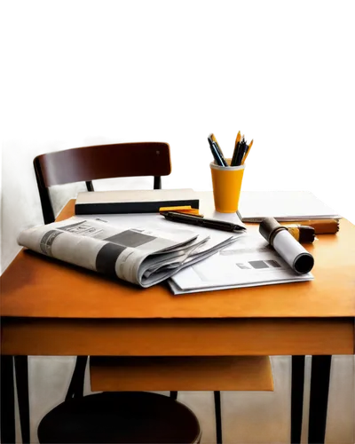 newspaper, cluttered desk, messy workspace, rolled up papers, scattered pens, coffee cup stain, worn leather chair, wooden desk lamp, afternoon sunlight, warm lighting, shallow depth of field, realist