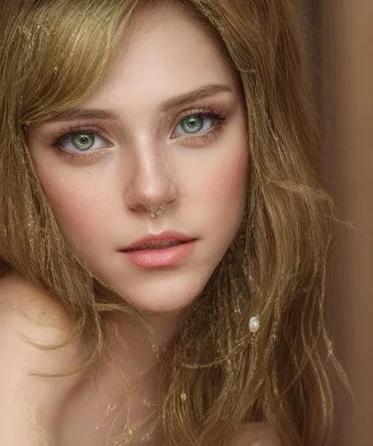 the portrait captures a stunning image of a regal caucasian girl, with her golden brown hair and green eyes, radiating an enchanting aura. Her green eyes are adorned with soft, expressive green eyes, 