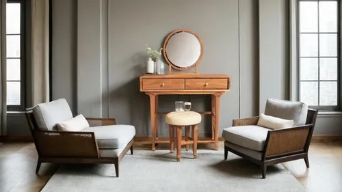 Soft colored women's room with bed frame,a living room with chairs and a desk,henningsen,mobilier,danish furniture,kartell,dressing table,minotti