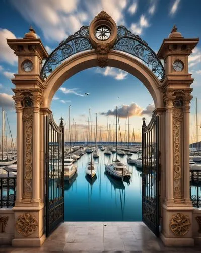 grand, futuristic, harbor port, intricate stonework, symmetrical columns, majestic arches, ornate iron gates, golden accents, vibrant blue waters, sailboats, yachts, seagulls flying overhead, cloudy s