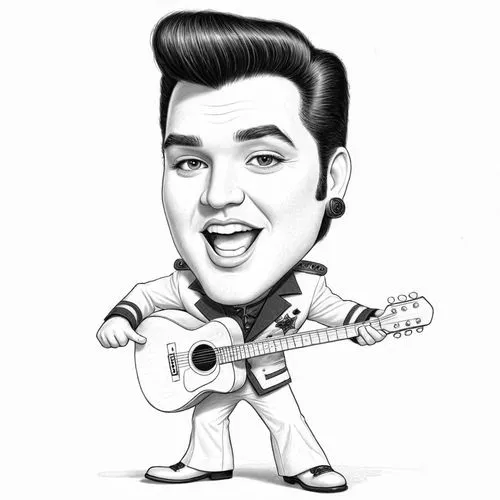 pencil drawing style  Julius Leblanc Stewart Caricature style drawing of a celebrity, big head, small body, exaggerated facial expressions. A 3D animated character resembling Elvis Presley, wearing a 