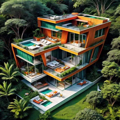 green walls modern mansion sketch,cubic house,tropical house,cube house,green living,tropical greens,modern architecture,eco hotel,garden elevation,modern house,eco-construction,holiday villa,cube sti