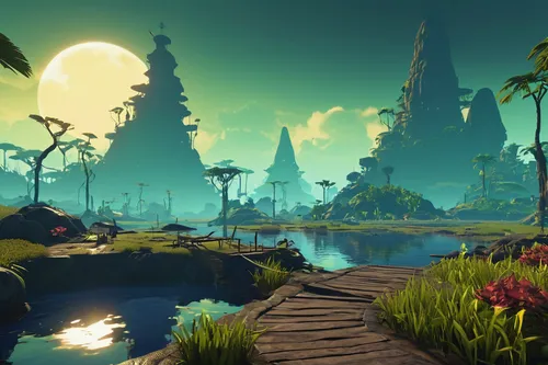 video game environment, Risk of Rain 2, stages, alien landscape, floating islands, lush vegetation, abandoned structures, futuristic design, dynamic weather, stage-specific enemies, interactive elemen