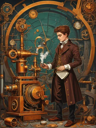 clockmaker,watchmaker,steampunk,inventor,steampunk gears,scientific instrument,apothecary,astronomer,sci fiction illustration,clockwork,mechanical,mechanical puzzle,key-hole captain,sextant,orrery,game illustration,theoretician physician,bearing compass,armillary sphere,potter's wheel,Art,Artistic Painting,Artistic Painting 35