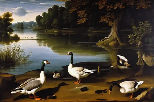 hunting scene,geese,waterfowl,river landscape,ducks  geese and swans,swans,water fowl,swan lake,st martin's day goose,canada geese,waterfowls,dutch landscape,autumn landscape,a pair of geese,wild geese,rallidae,bird painting,brook landscape,migratory birds,young swans,Art,Classical Oil Painting,Classical Oil Painting 05