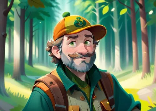 A 50 year old man, he is a forester, he is wearing an orange cap with a logo on it, his beard is greay and chesnuts colored, he is wearing forester clothes green and brown colored, he has a few rickle