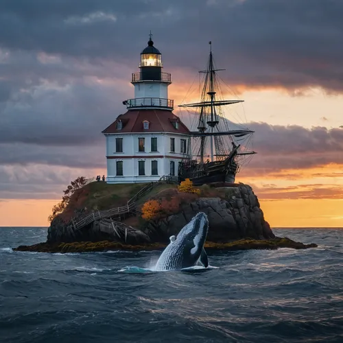 a pirate ship passes a school of large whales,electric lighthouse,lighthouse,red lighthouse,light station,light house,petit minou lighthouse,point lighthouse torch,crisp point lighthouse,humpback whal