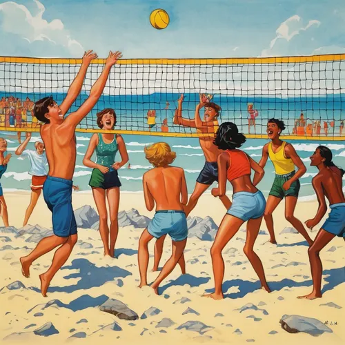 A playful game of beach volleyball among a group of energetic teenagers, filled with laughter and friendly competition.,beach volleyball,footvolley,beach soccer,volleyball,volleyball team,beach sports