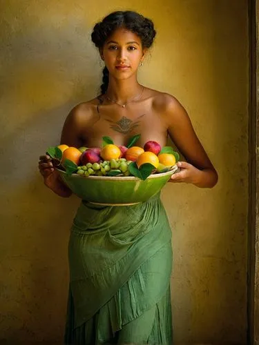 My beautiful and young Creole hostess came up to me with a bowl of the most delicious fruit and beamed at me lovingly.,a woman holding a plate with fruit on it,eritrean,ethiopian girl,tiana,mauritian,