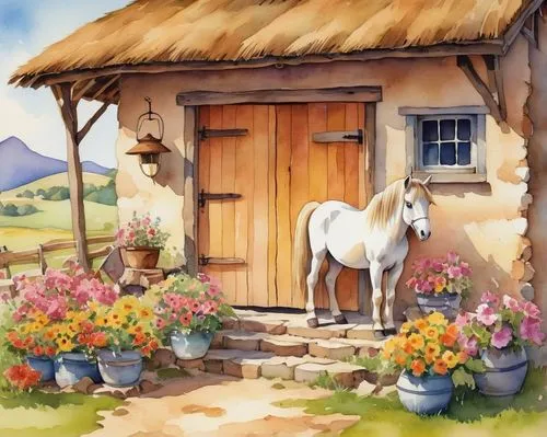 horse stable,country cottage,pony farm,painted horse,equine,watercolor background,horse barn,home landscape,farm background,horses,colorful horse,horse supplies,a white horse,rural landscape,stables,farm hut,palomino,sheds,hay horse,village life,Photography,Artistic Photography,Artistic Photography 09