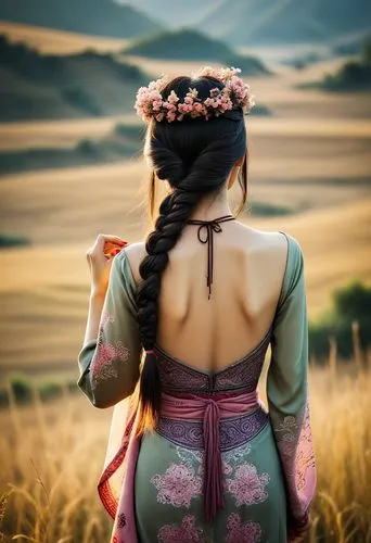 spectacular scene of Ha Giang nature in the background, an elegant Vietnamese lady with long braided black hair wears a tribal electic chic backless dress with Vietnamese tribal pattern in light earth