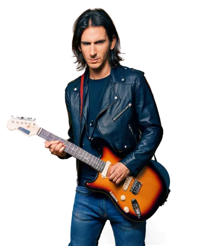 Electric guitar, rock musician, solo performance, dynamic pose, holding instrument, fingers pressing strings, pickguard, amplifier behind, cable plugged in, jeans and leather jacket, energetic facial 