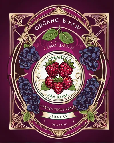 Design a logo for a fictional brand selling organic mixed berry jams.,quark raspberries,loganberry,lingonberry jam,grapes goiter-campion,boysenberry,black currant,raspberries,wine raspberry,thimbleber