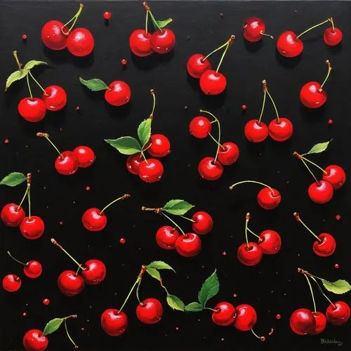 Black background, small cherries scattered on the background, at equal intervals,a black background with cherries on it,cherries,sweet cherries,heart cherries,bubble cherries,sour cherries,rowanberrie