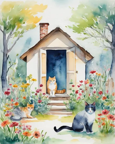 watercolor background,watercolor cat,springtime background,digiscrap,cat's cafe,spring background,summer cottage,watercolor cafe,cottage,little house,shelter cat,rescue alley,animal shelter,cottage garden,children's background,tea party cat,cat lovers,home landscape,garden shed,house painting,Illustration,Paper based,Paper Based 25