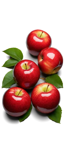 Red delicious apples, still life, solo, glossy skin, green leaves attached, detailed texture, juicy flesh, shallow depth of field, natural lighting, 3/4 composition, warm color tone, cinematic renderi