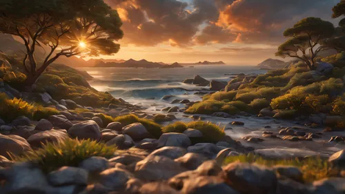 coastal landscape,fantasy landscape,landscape background,an island far away landscape,world digital painting,tasmania,sea landscape,natural landscape,new zealand,coast sunset,beach landscape,rocky coast,nature landscape,volcanic landscape,seascape,landscape with sea,pacific coastline,beautiful landscape,background with stones,north island