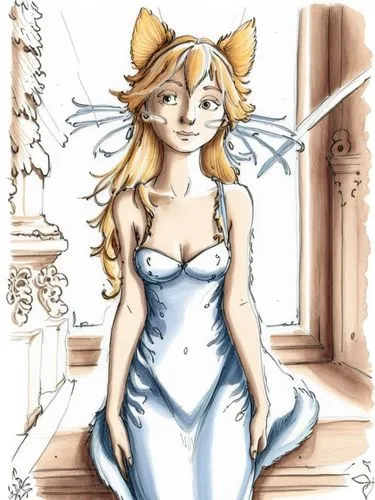 simple drawing of a woman with blonde hair in a dress near a window,a girl in a dress and bow on the floor,jessamine,eilonwy,belldandy,peignoir,fairy tale character,amalthea,Conceptual Art,Fantasy,Fan