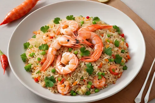 Write a recipe for prawn fried rice with a spicy twist.,prawn fried rice,rice with seafood,shrimp risotto,shrimp salad,pilselv shrimp,arborio rice,cooked frozen arctic sweet shrimp,scampi shrimp,yeung