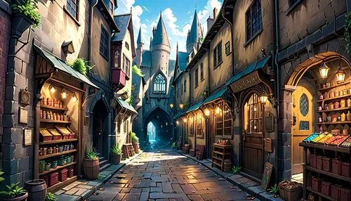 hogwarts,medieval street,cartoon video game background,bookstore,book store,3d fantasy,fantasy city,magical adventure,fantasy picture,bookshop,medieval town,magic book,fantasy world,fantasy art,watercolor shops,hamelin,world digital painting,fantasy landscape,fairy tale,narrow street,Anime,Anime,Realistic