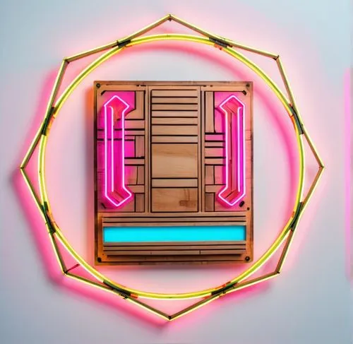 A frame made of wood against a white background,a bright neon sign sits atop an old pink radio,jukebox,neon sign,realjukebox,flavin,tansu,jukeboxes,Conceptual Art,Sci-Fi,Sci-Fi 27