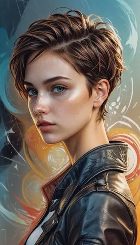 short hair, leather jacket,a very beautiful young woman in a leather jacket,katniss,annabeth,winona,shai,sci fiction illustration,cassandra,Illustration,Realistic Fantasy,Realistic Fantasy 25