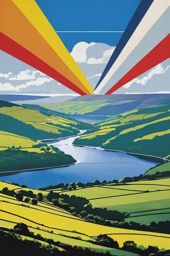 yorkshire,north yorkshire,derbyshire,travel poster,north yorkshire moors,exmoor,pontsycyllte,peak district,yorkshire dales,northumberland,ladybower reservoir,united kingdom,dorset,upper derwent valley,flag bunting,great britain,bunting,colorful bunting,wales,meanders,Art,Artistic Painting,Artistic Painting 43