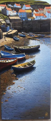 """""""Morning light at Staithes"""" original fine art by Haidee-Jo Summers ROI""",small boats on sea,boats in the port,fishing boats,fishing village,row boats,rowboats,wooden boats,boats,harbour,bohu